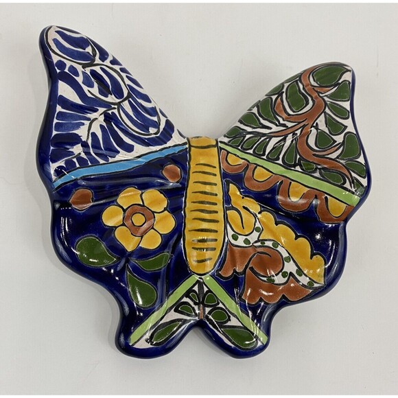 Ceramic Butterfly 7" Mexico Authentic Fine Talavera Hand Painted Blue Orange - Picture 1 of 7